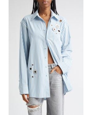 Area Crystal Embellished & Grommet Stripe Poplin Button-Up Shirt - Blue