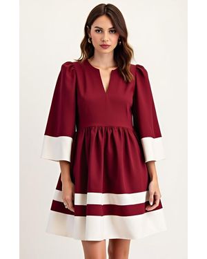 Modenaire Fit And Flare Mini Dress With Contrast Cuff, Hemline And Notch Neck - Red