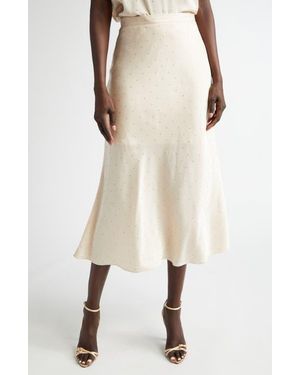St. John Crystal Embellished Stretch Satin Midi Skirt - Natural