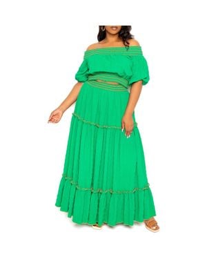 Buxom Couture Smocked Off The Shoulder Puff Sleeve Top & Maxi Skirt Set - Green