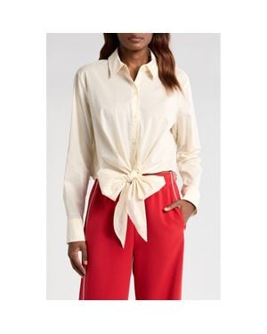 Wayf Amelie Tie Waist Cotton Button-Up Shirt - Red