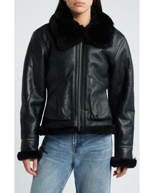 Schott Nyc B-3 Genuine Shearling Lined Leather Bomber Jacket - Black