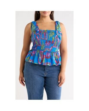 Sugarlips Bally Tropical Print Smocked Sleeveless Top - Blue