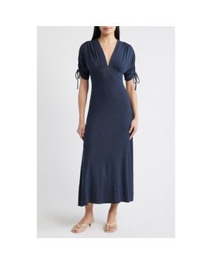 Loveappella Ruched Sleeve Empire Waist Maxi Dress - Blue