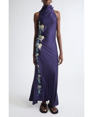 Rabanne Embroidered Mock Neck Sleeveless Satin Gown - Blue