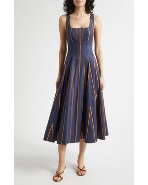 STAUD Wells Stripe Stretch Cotton Poplin Midi Dress - Blue