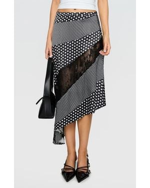 Princess Polly Midnight Memories Mixed Polka Dot & Lace Asymmetric Midi Skirt - Black