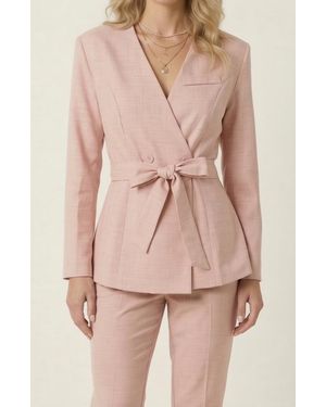 Modenaire Wrap Blazer With Waist Tie Belt - Pink