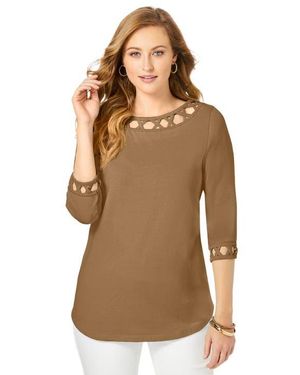 Jessica London Stretch Cotton Lattice Boatneck Tunic - Brown