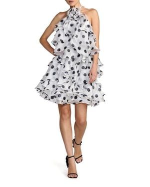 Mac Duggal Polka Dot Halter Neck Ruffle Mini Dress With Tiered Skirt - White