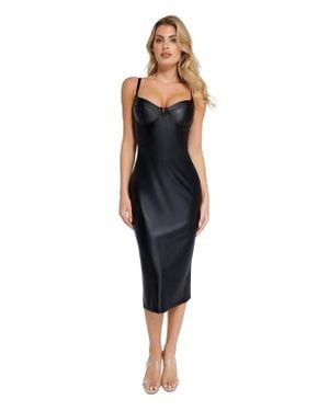 Popilush Shapewear Faux Leather Hourglass Corset Midi Dress - Black