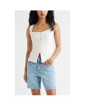 Open Edit Sweetheart Neck Linen Blend Top - Blue
