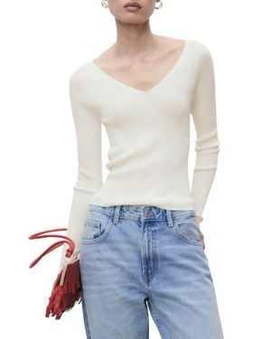 Mango V-Neck Rib Knit Sweater - White