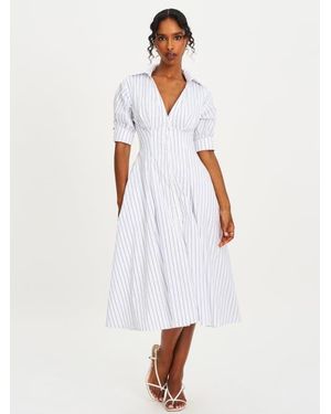 Miss Circle Palina Pinstripes Cotton Poplin Pleated Midi Preppy Shirt Dress - White