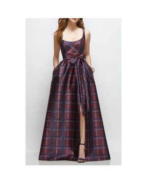 The Dessy Group Tartan Tie Waist Sleeveless Satin Gown - Purple