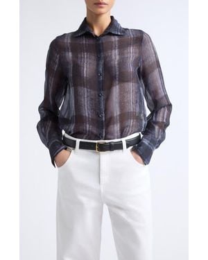 Eleventy Plaid Silk Button-Up Shirt - Blue