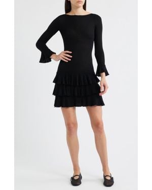 Doen Amelina Layered Ruffle Long Sleeve Merino Wool Minidress - Black