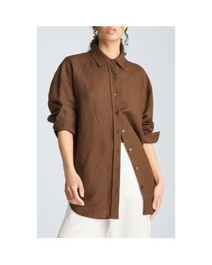 Kenneth Cole Drop Shoulder Relaxed Fit Linen Blend Button-Up Shirt - Brown