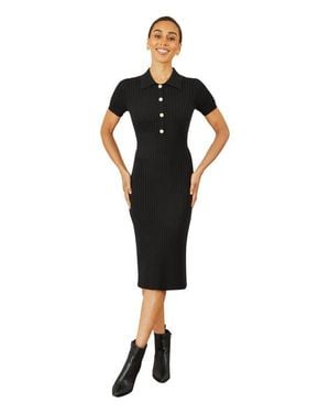 Yumi' Fitted Rib Knitted Midi Dress - Black