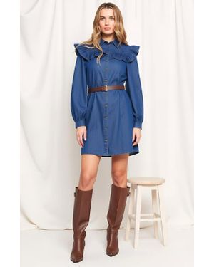 Modenaire Button-Front Denim Shirt Dress With Ruffle Yoke - Blue