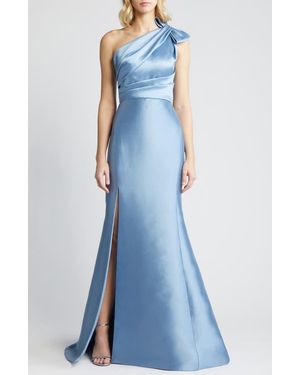 Amsale Bow Detail One-Shoulder Mikado Mermaid Gown - Blue