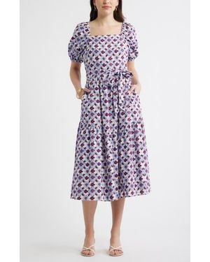 Caslon Puff Sleeve Linen Blend Midi Dress - Purple