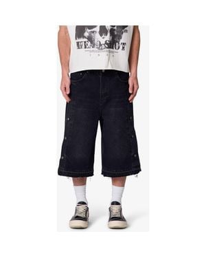 MNML Ultra Baggy Offset Button Denim Shorts - Blue