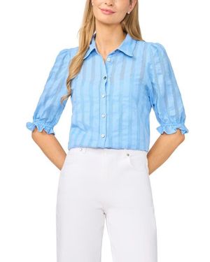 Halogen® Sheer Stripe Puff Sleeve Button-Up Shirt - Blue
