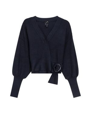 Spades Sweater Knit Wrap Buckle Belt Cropped Cardigan - Blue