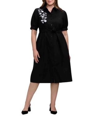 Foxcroft Esther Belted Floral Embroidered Cotton Blend Shirtdress - Black