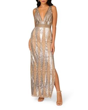 Aidan Mattox Plunge Neck Beaded Gown - Natural