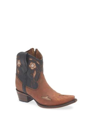 Circle Floral Embroidery Western Boot - Brown
