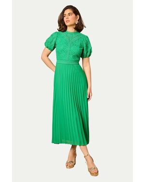 Oasis Lace Puff Sleeve Pleated Midi Dress - Green