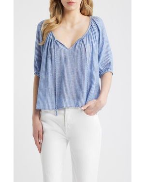 Rails Kirstie Stripe Split Neck Linen Blend Top - Blue