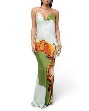 JLUXLABEL Tropical Print Golden Touch Satin Dress - Green