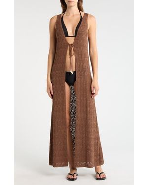 Elan Sleeveless Tie Front Pointelle Cover-Up - Brown