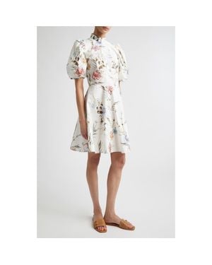 Eleventy Floral Puff Sleeve Cotton Poplin Dress - White