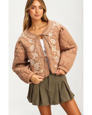 Knit & Lounge Quilted Floral Embroidered Tie Front Jacket - Brown