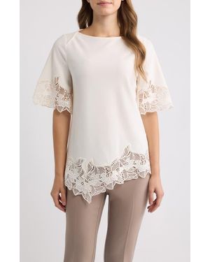 Anne Klein Lace Trim Asymmetrical Hem Top - White