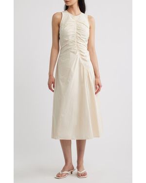 Theory Asymmetric Ruched Sleeveless Midi Dress - Natural