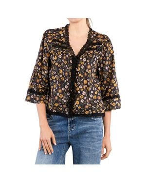 Billy T Fable Floral Lace Trim Cotton Blend Button-Up Shirt - Black