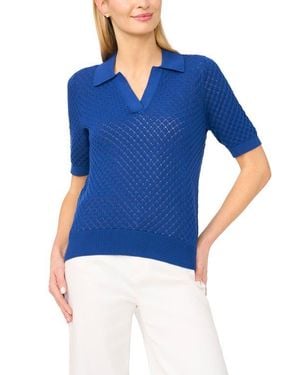 Halogen® Pointelle Short Sleeve Cotton Polo Sweater - Blue
