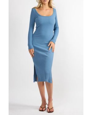 Viens Avec Moi She's The Boss Long Sleeve Cotton Blend Rib Sweater Dress - Blue