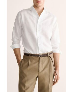 Mango Regular Fit Solid Slub Linen Blend Button-Up Shirt - White
