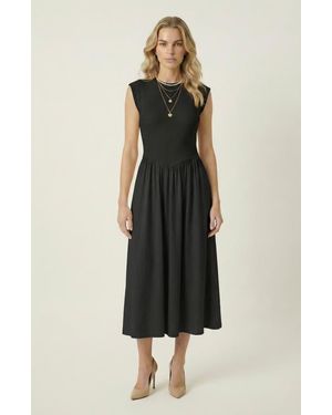 Modenaire Cap Sleeve Fitted Gathered Midi Dress - Black