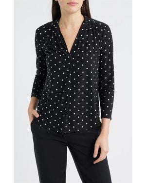 Anne Klein Print Pleat Three-Quarter Sleeve Top - Black