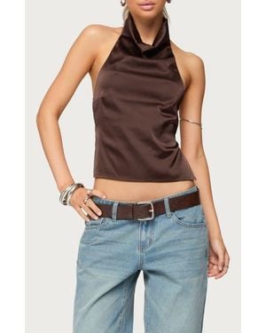 Edikted Cowl Neck Backless Satin Crop Top - Blue