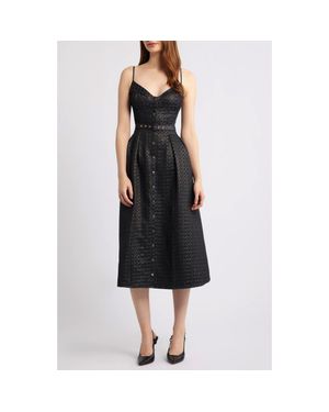 FREEMARKET Metallic Pleated Belted Fit & Flare Midi Dress - Black