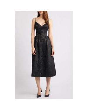FREEMARKET Metallic Pleated Belted Fit & Flare Midi Dress - Black
