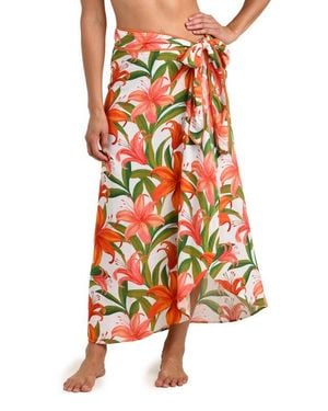 La Blanca Jungle Blossoms Rickrack Trim Cover-Up Wrap Skirt - Orange